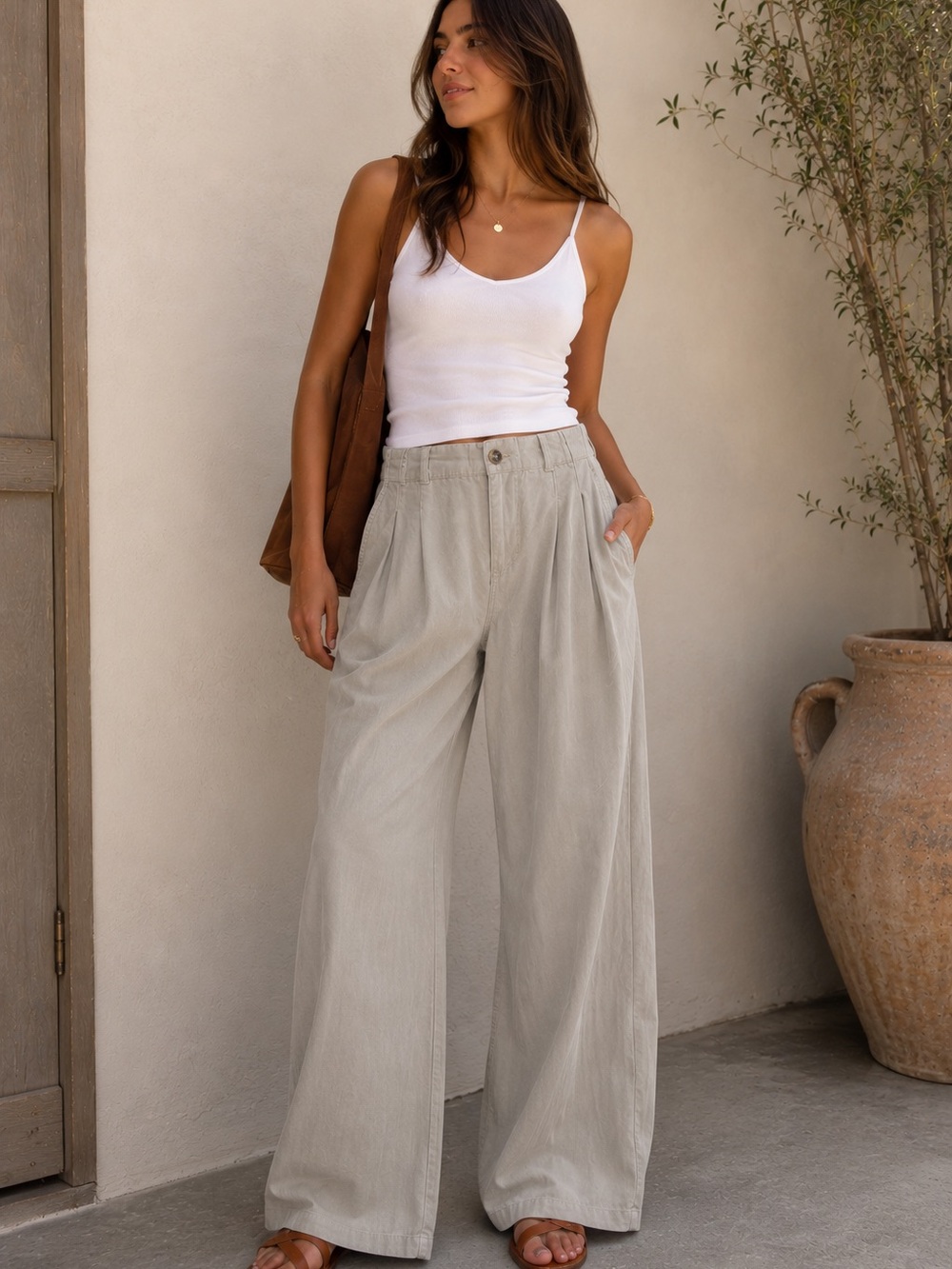 Love Tree Wide-Leg High-Rise Pants in Light Grey Size S